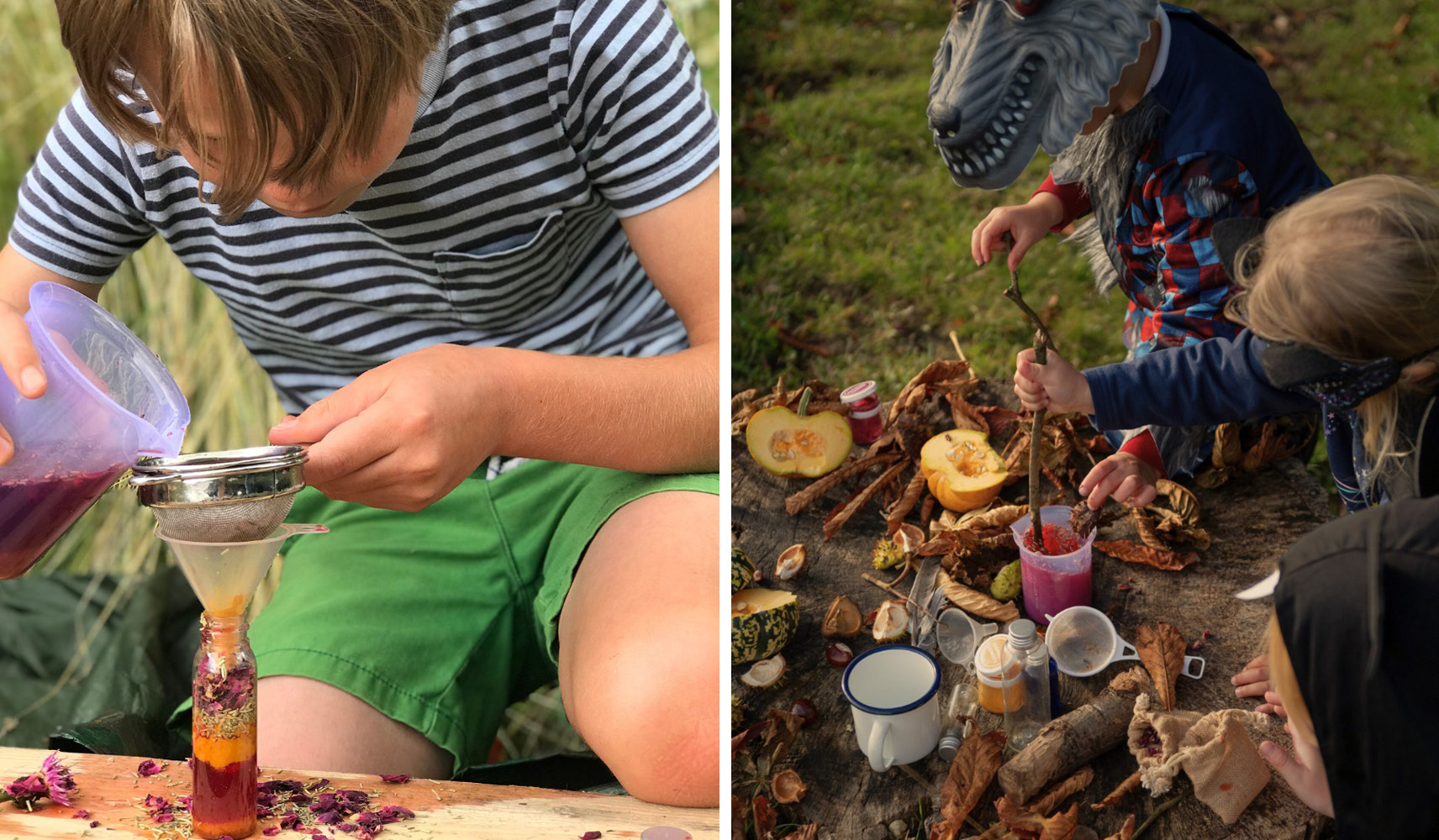 Two images of kids making potions using natural ingredients.